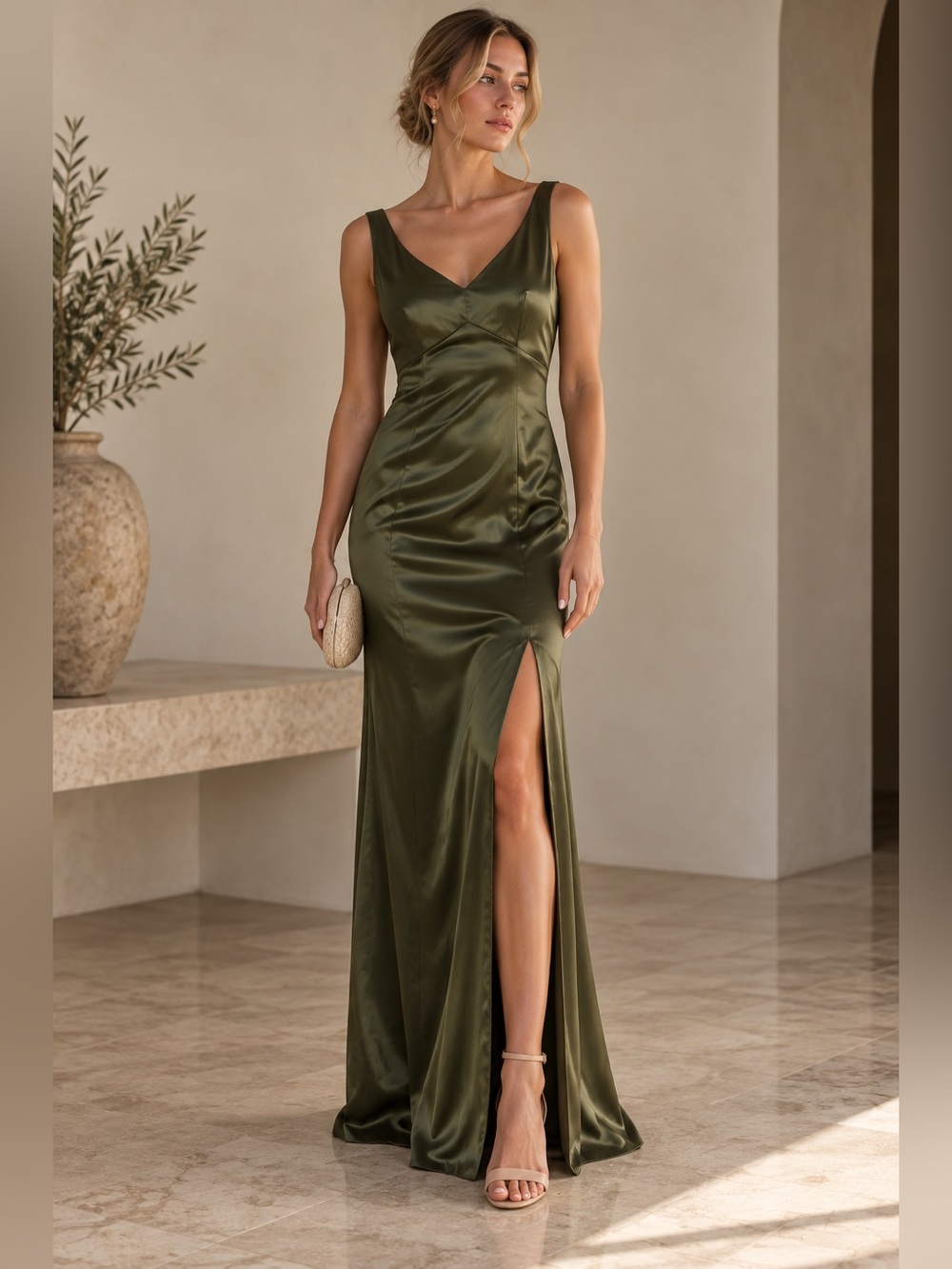NWT Gloria Birdie Grey Olive Satin Maxi Dress